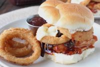 BBQ Chicken Sandwich with Cheddar, Mushrooms and Onion Rings