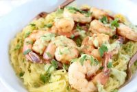 Cilantro Lime Shrimp with Avocado-Chili Sauce on Spaghetti Squash