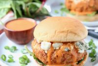 Spicy Buffalo Chicken Burgers with Blue Cheese Slaw