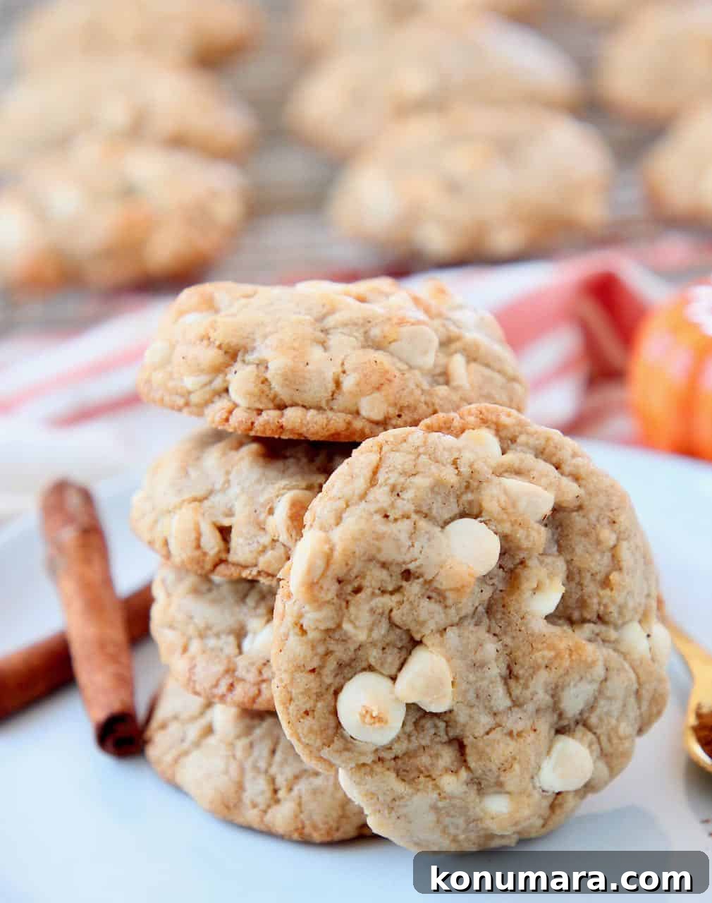 Pumpkin spice cookies with white chocolate chips on plate