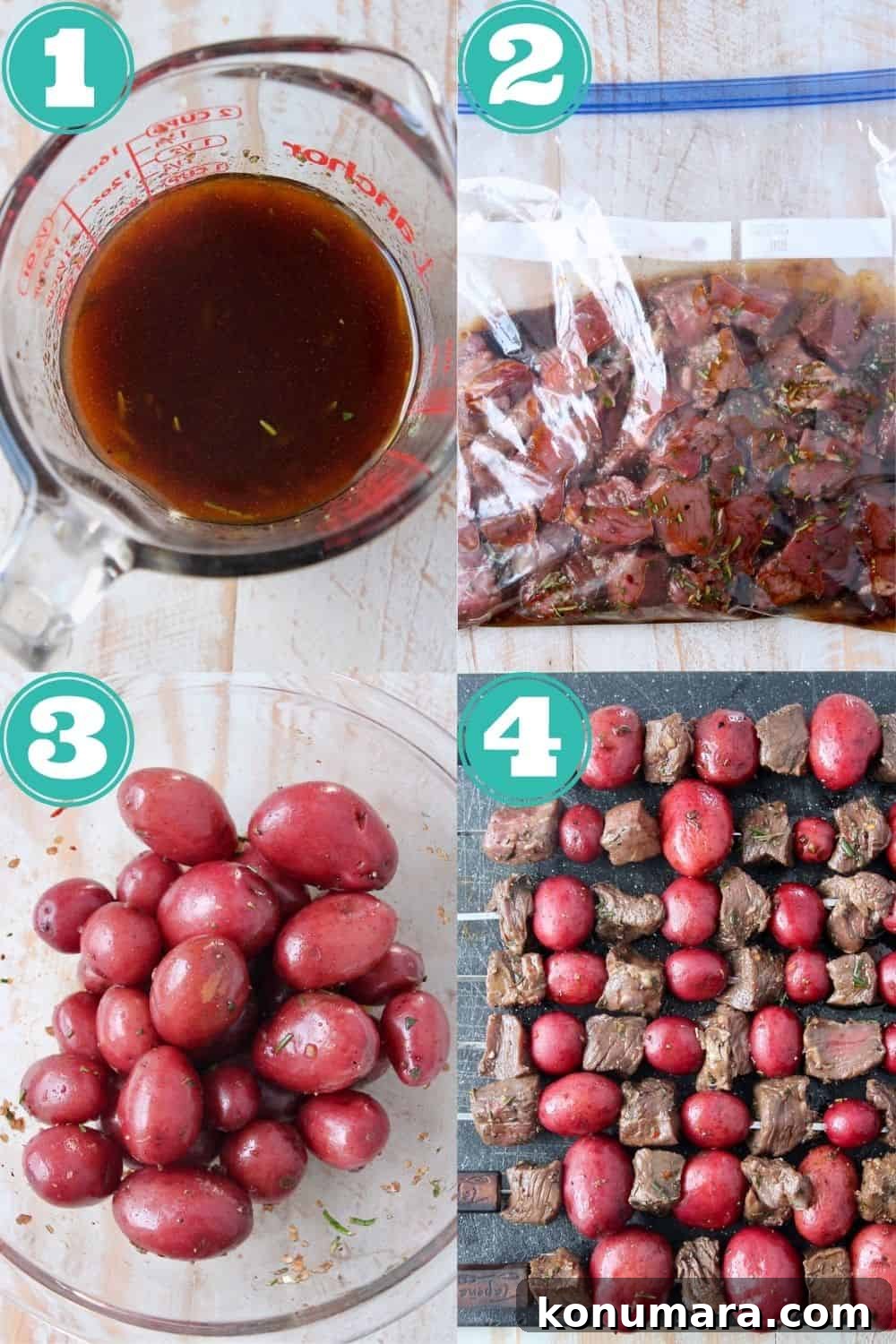 Balsamic Herb Marinated Grilled Steak Skewers 4 collage of images showing how to make steak and potato skewers