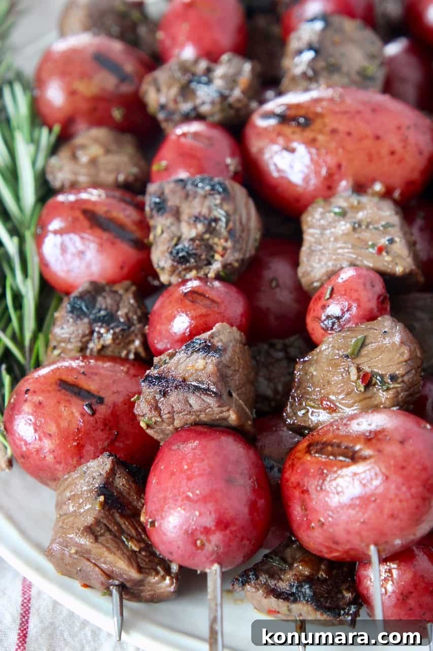 Balsamic Herb Marinated Grilled Steak Skewers 5 grilled pieces of steak and baby potatoes on skewers
