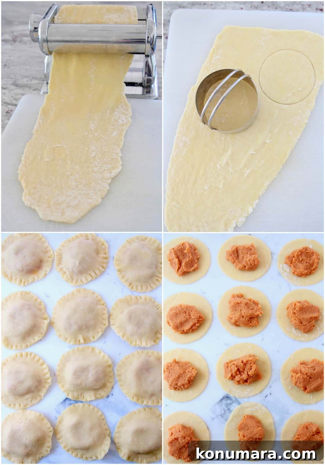 Collage of images showing how to make homemade sweet potato raviolis