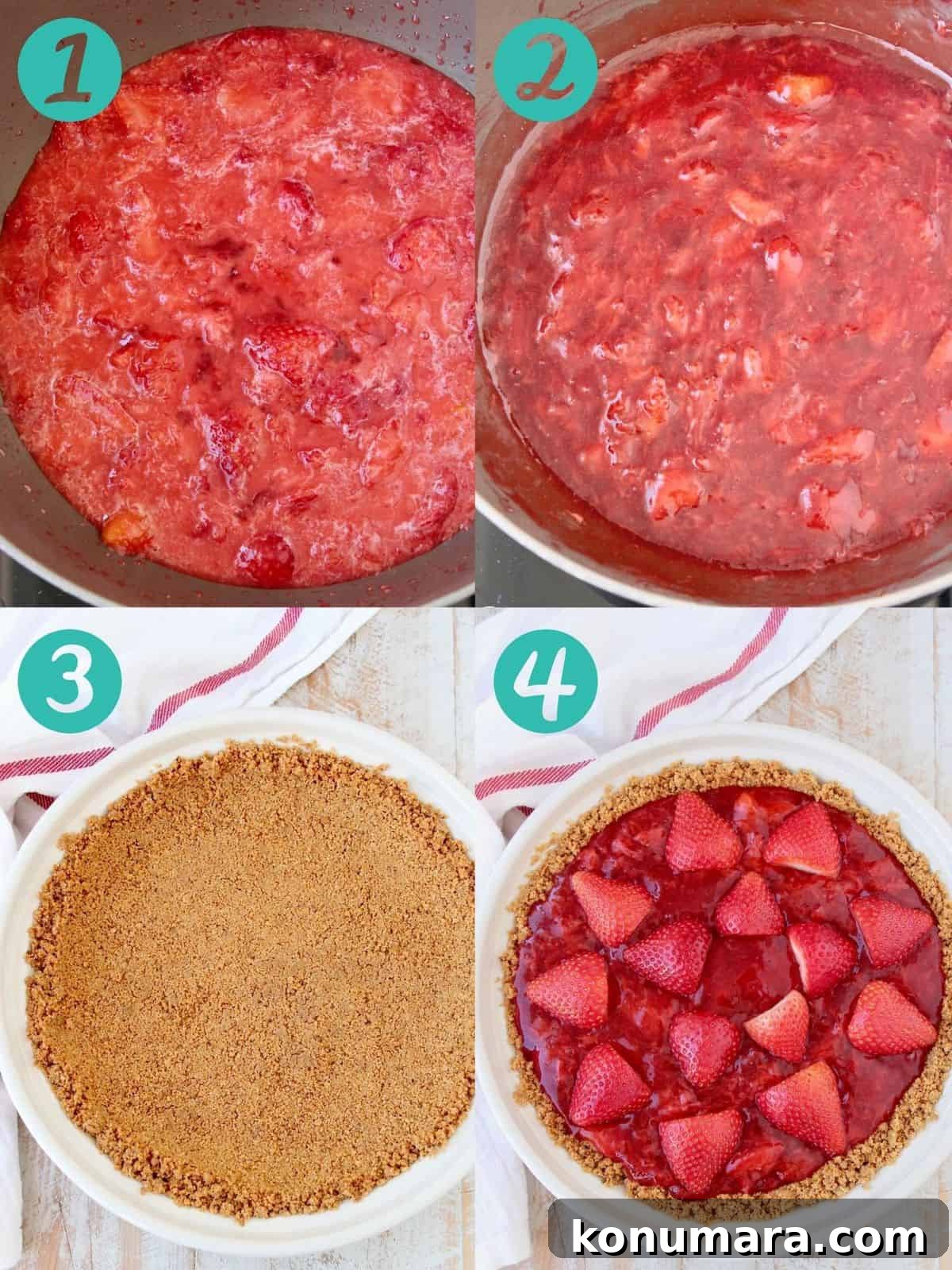 Fresh Strawberry Pie Recipe with Graham Cracker Crust 4 Instructional images showing how to make a strawberry pie with graham cracker crust