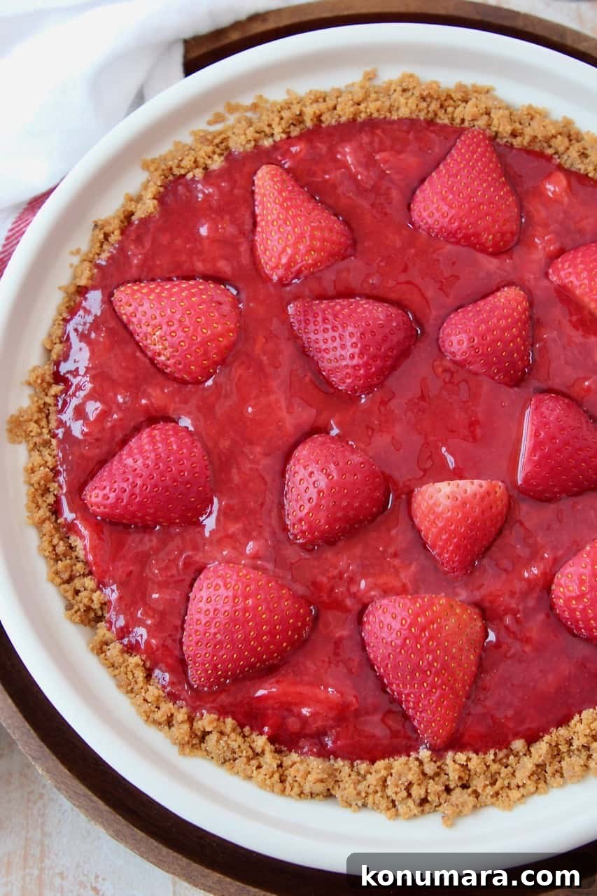 Fresh Strawberry Pie Recipe with Graham Cracker Crust 6 Overhead image of fresh strawberry pie in pie plate
