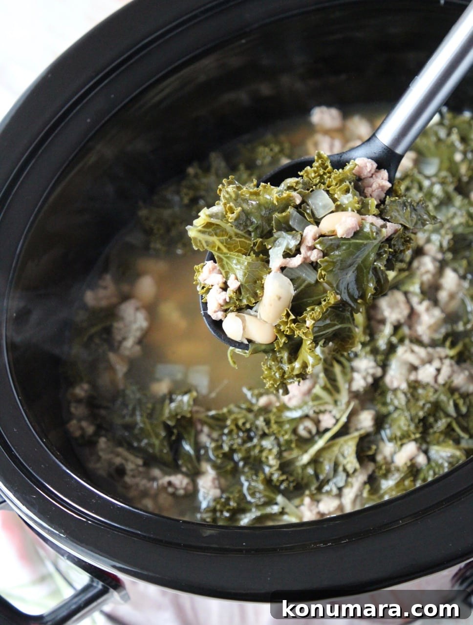 Hearty Slow Cooker Turkey and Kale Soup 3 Turkey kale soup in spoon coming out of a crock pot full of soup