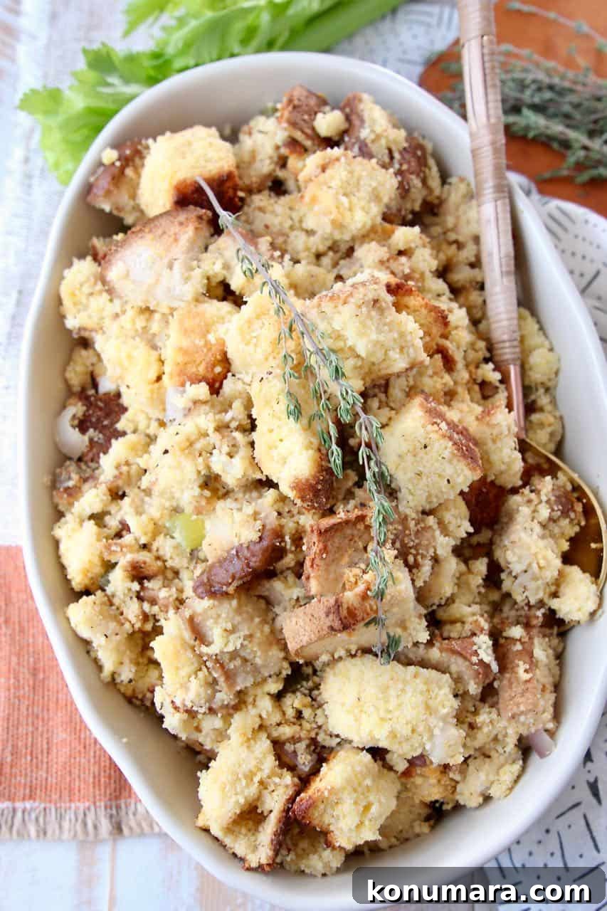 Gluten Free Thanksgiving Stuffing Recipe 4 Overhead image of gluten free cornbread stuffing in large oval serving bowl