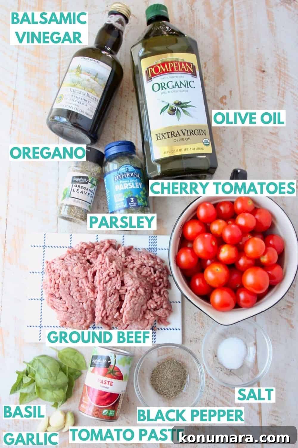 ingredients for roasted tomato meat sauce