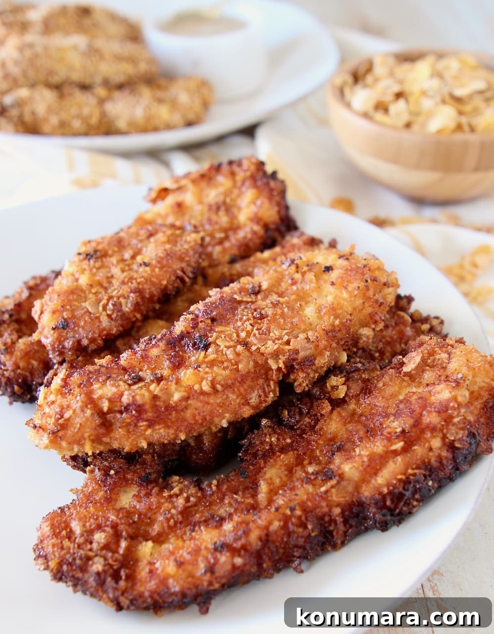 Honey Bunches of Oats Cereal-Crusted Chicken Strips Recipe 6 Fried chicken strips on plate with baked chicken strips on plate behind it with bowl of cereal