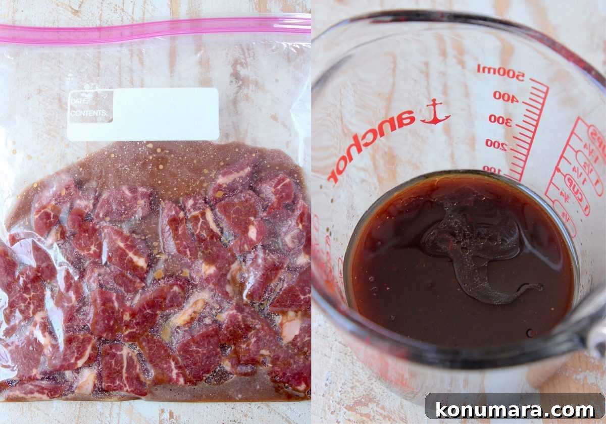 beef marinating in zipper bag and stir fry sauce in glass measuring cup