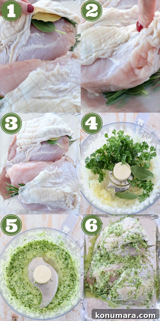 Herb-Rubbed Oven-Roasted Turkey Breast 4 collage of images showing how to make an herb rubbed turkey breast