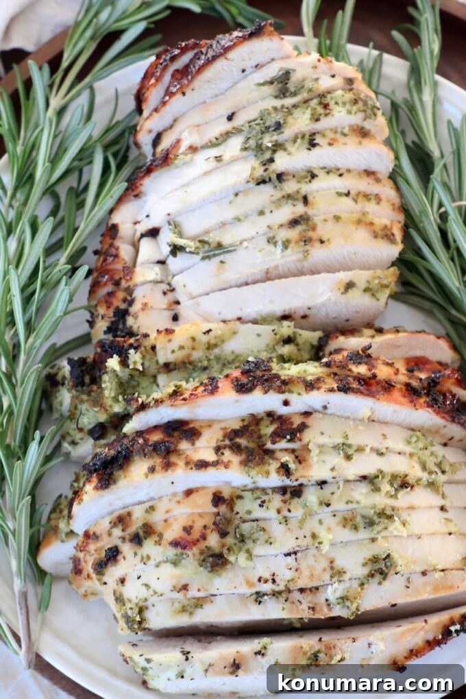 Herb-Rubbed Oven-Roasted Turkey Breast 7 slices of turkey breast on plate with fresh herbs
