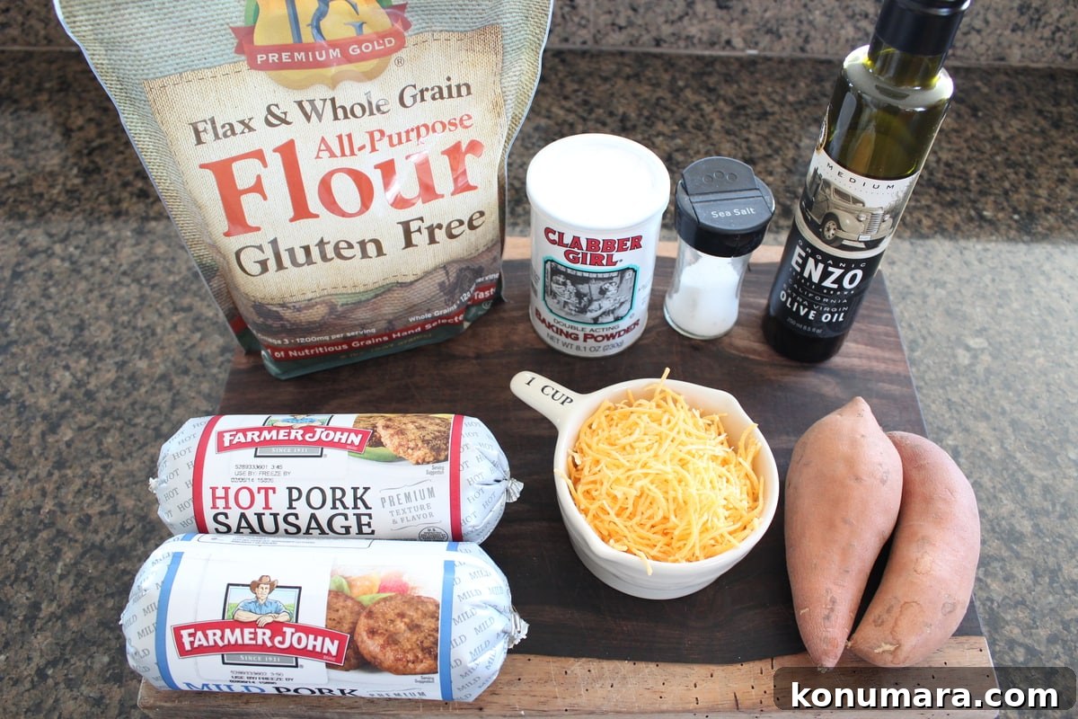 Gluten-Free Sweet Potato Sausage Balls Recipe 3 Gluten Free Sausage Ball Ingredients on a wooden board.