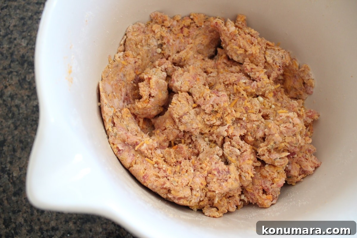 Gluten-Free Sweet Potato Sausage Balls Recipe 5 Sweet Potato Sausage Balls mixture in a white bowl.