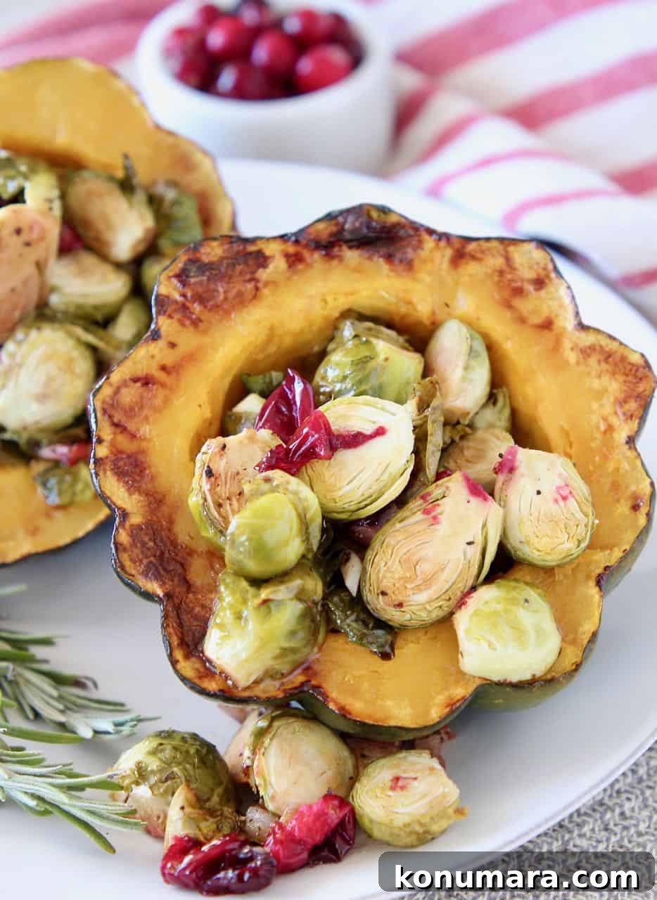 Acorn Squash Stuffed with Cranberries and Brussels Sprouts 3 Roasted acorn squash stuffed with brussels sprouts and cranberries