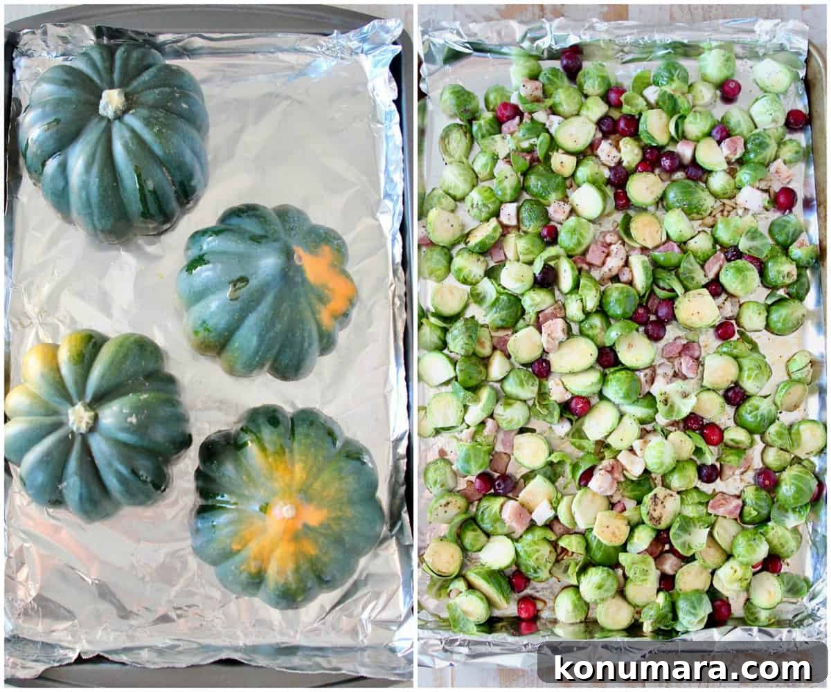 Acorn Squash Stuffed with Cranberries and Brussels Sprouts 4 Instructional images how to make roasted brussels sprout stuffed acorn squash