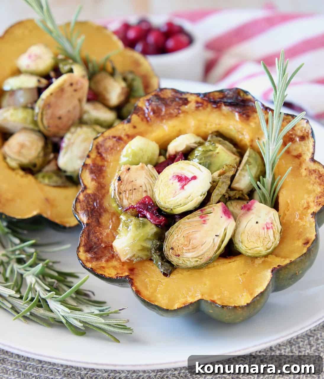 Acorn Squash Stuffed with Cranberries and Brussels Sprouts 5 Stuffed acorn squash halves on plate filled with roasted brussels sprouts and cranberries