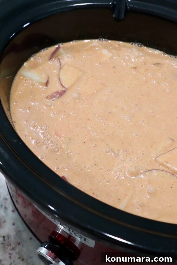 Slow Cooker Massaman Curry Chicken 5 chicken and vegetables covered in curry sauce in slow cooker