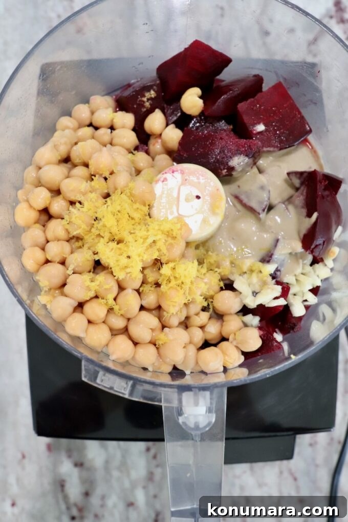 Creamy Roasted Beet Hummus with Lemon and Garlic 10 ingredients for beet hummus in food processor