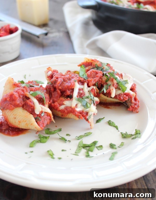 Mediterranean Sausage-Stuffed Shells Recipe 11 three stuffed shells with tomato sauce on a white plate