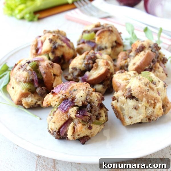 Oven-Baked Sausage Stuffing Balls Recipe 7 cooked stuffing balls on plate