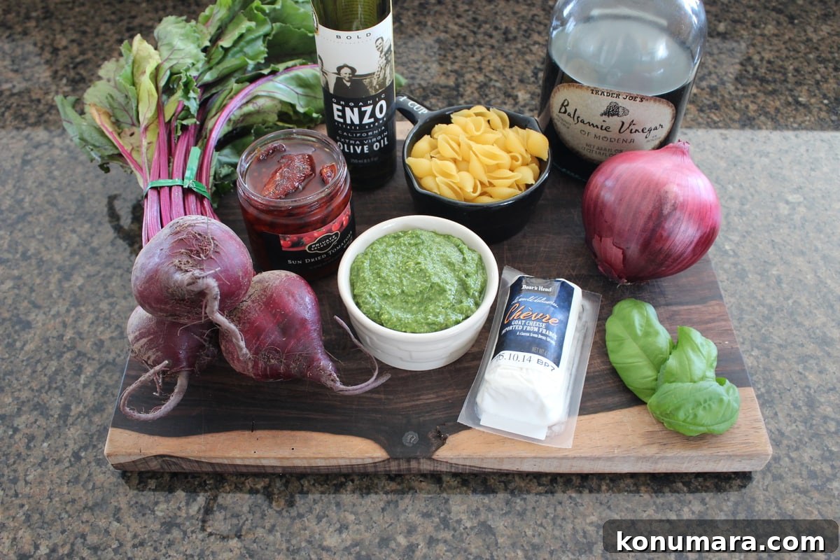 Beet & Goat Cheese Pesto Pasta Salad Ingredients