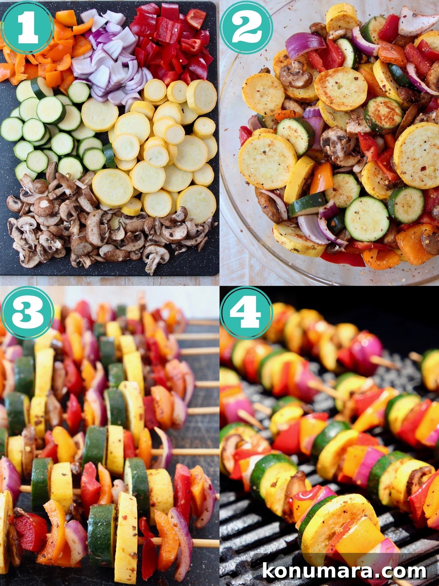 Grilled Vegetable Skewers Recipe with Garlic Herb Marinade 6 collage of images showing how to make grilled vegetable skewers