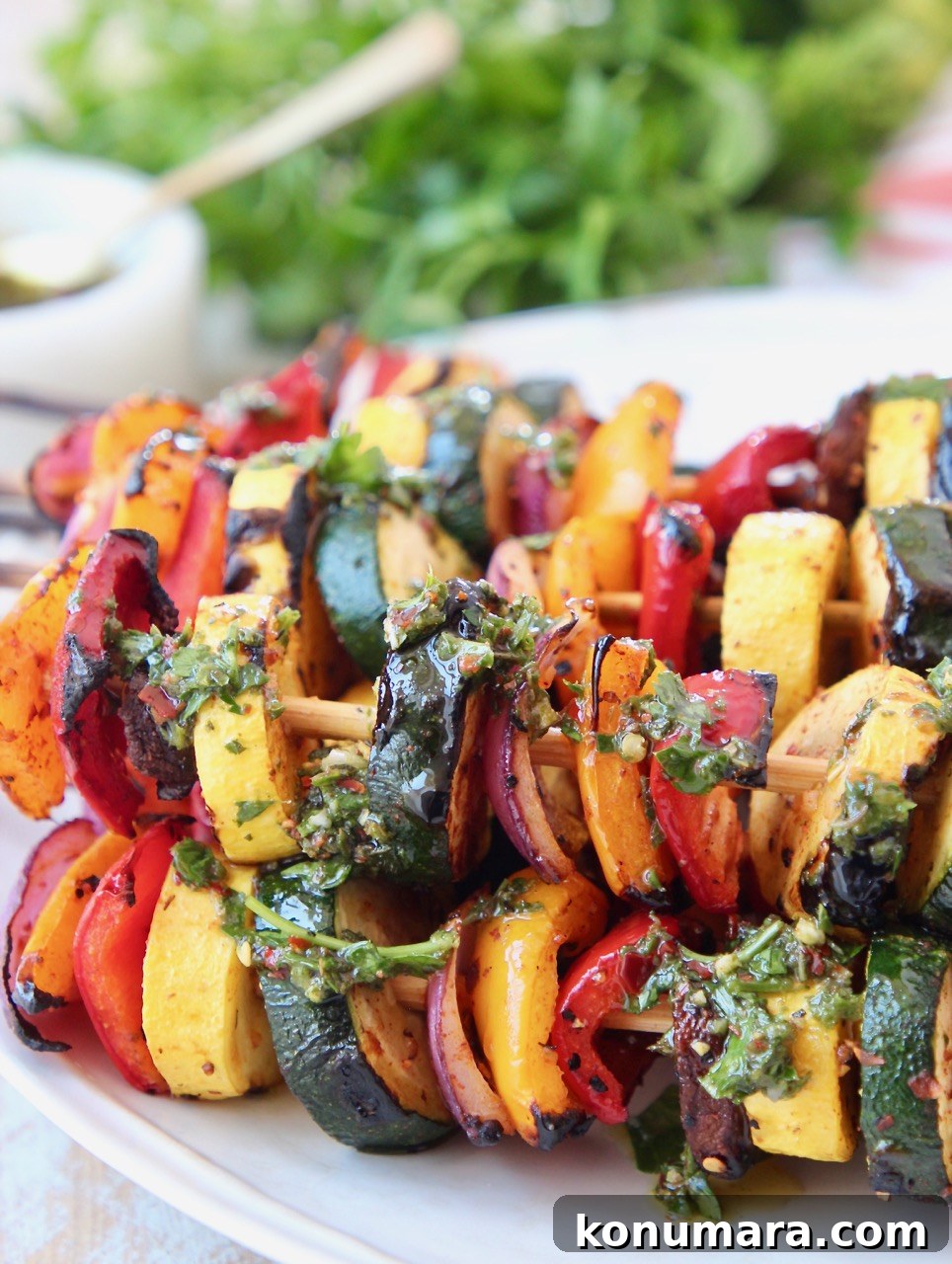 Grilled Vegetable Skewers Recipe with Garlic Herb Marinade 7 grilled vegetable skewers on plate with chimichurri sauce drizzled on top