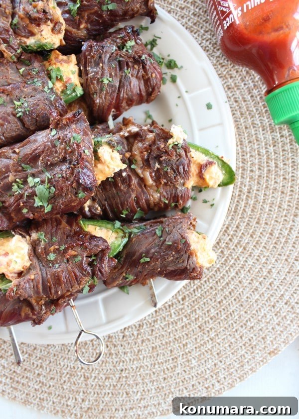 Sriracha Steak Wrapped Jalapeño Popper Skewers