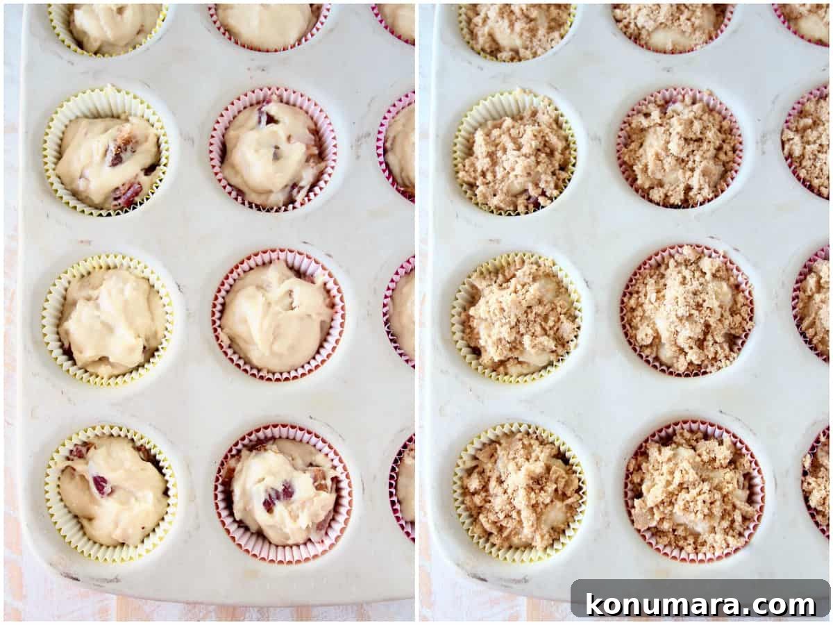 Images showing how to make bacon maple muffins with a brown sugar crumble