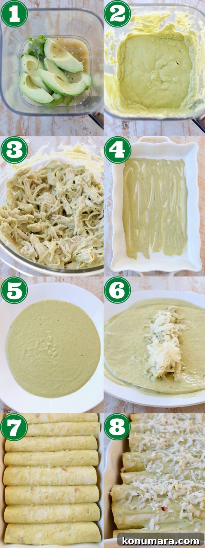 collage of images showing how to make chicken enchiladas with green sauce