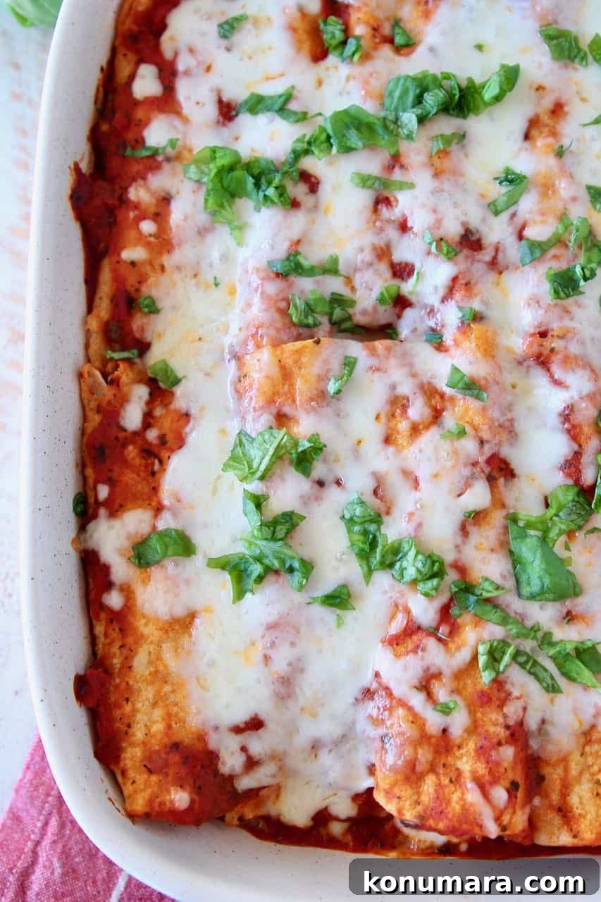 Italian Style Enchiladas with Tomato Basil Sauce 3 Overhead image of Italian enchiladas in baking dish topped with chopped fresh basil