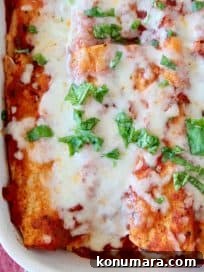 Italian Style Enchiladas with Tomato Basil Sauce 5 Italian enchiladas in white baking dish topped with fresh basil