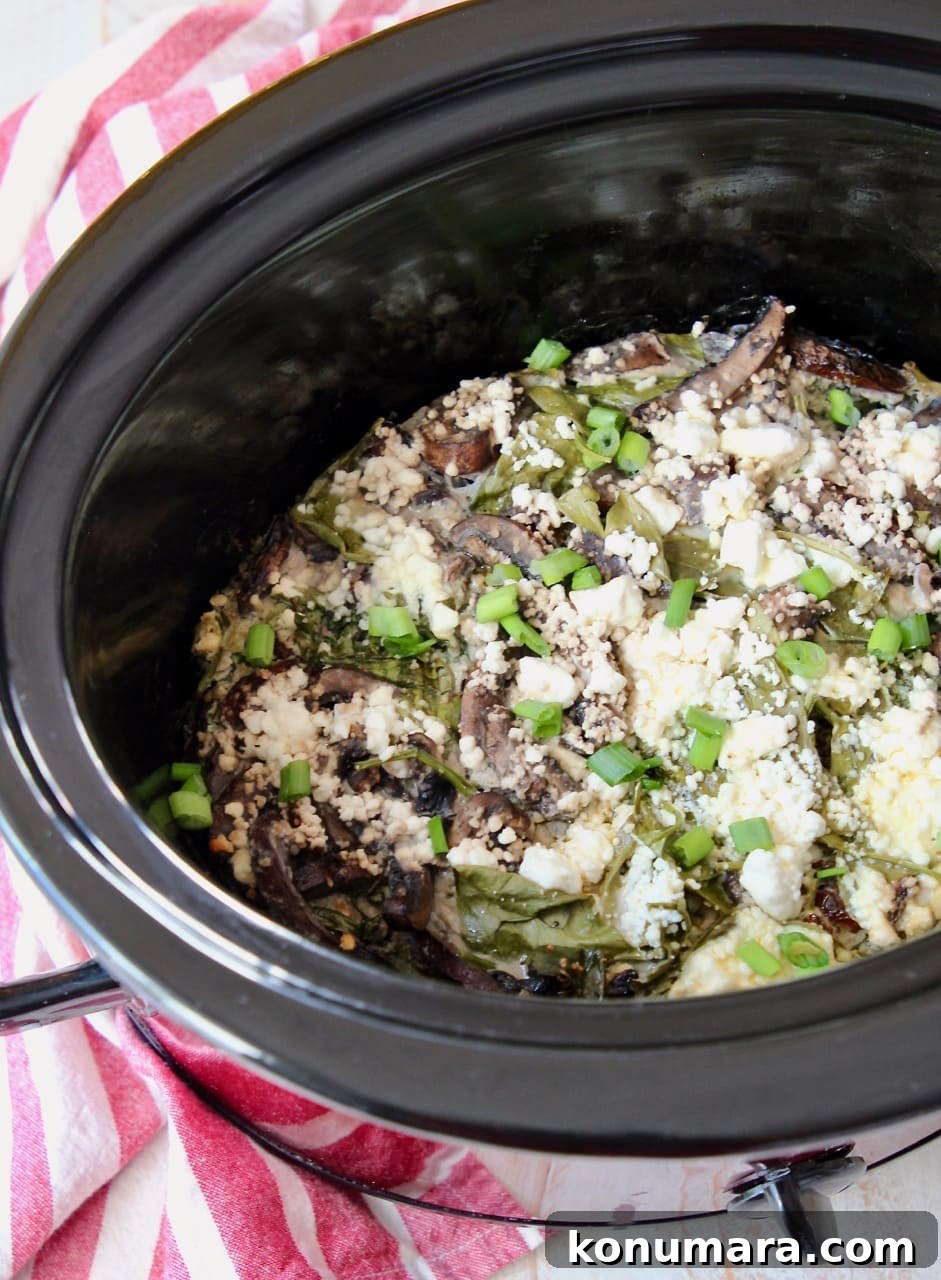Slow-Cooker Greek Breakfast Casserole with Feta and Spinach 4 Crockpot breakfast casserole with green onions and feta cheese