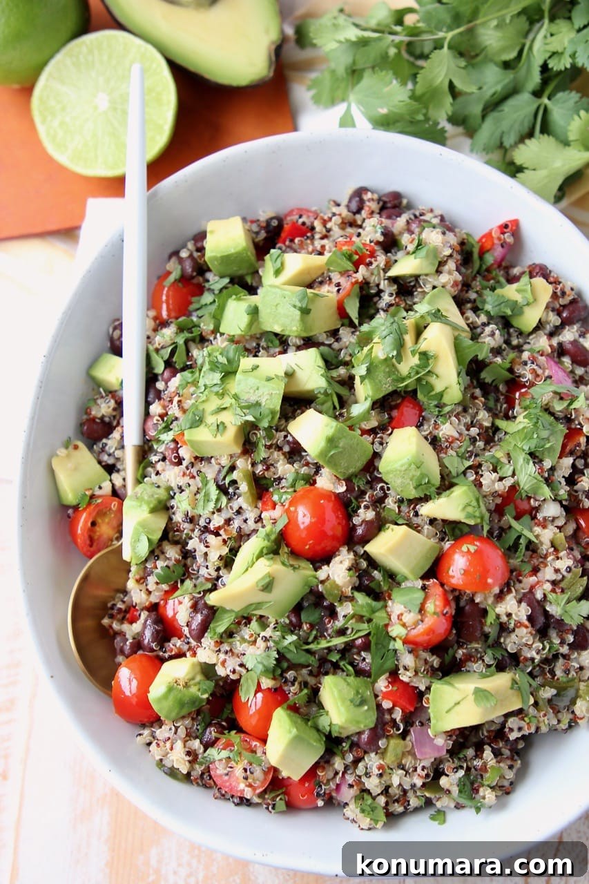 Overhead shot of quinoa salad in bowl with diced tomatoes and avocado