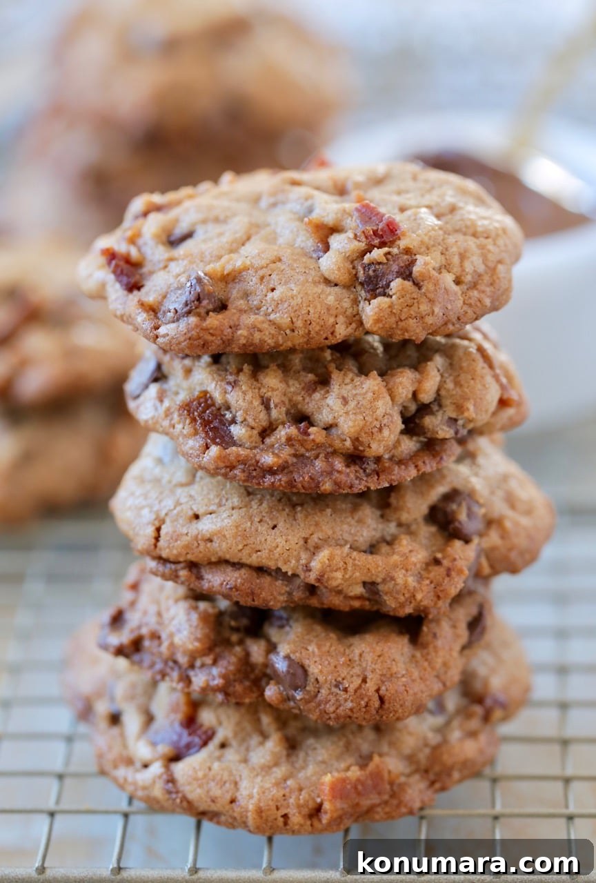 Nutella Bacon Chocolate Chip Cookies Recipe 3 Stacked up bacon chocolate chip cookies on wire rack