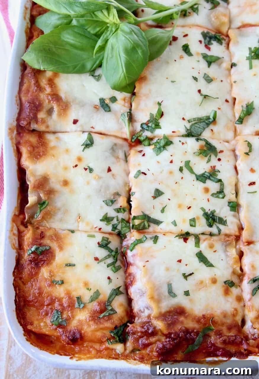 Classic Vegetarian Lasagna Recipe with Spinach and Ricotta 2 overhead image of lasagna in white casserole dish sliced into pieces