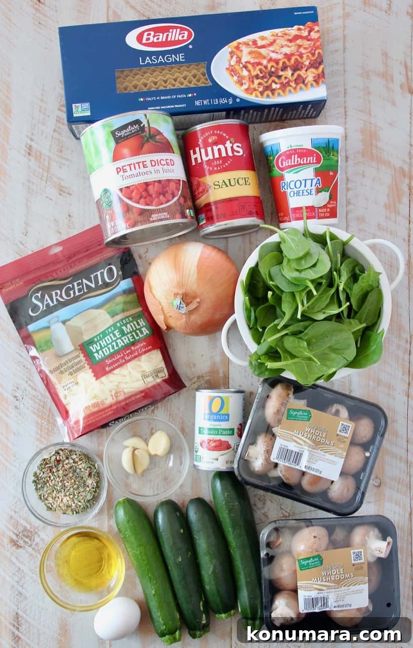 Classic Vegetarian Lasagna Recipe with Spinach and Ricotta 3 overhead image of ingredients for vegetarian lasagna