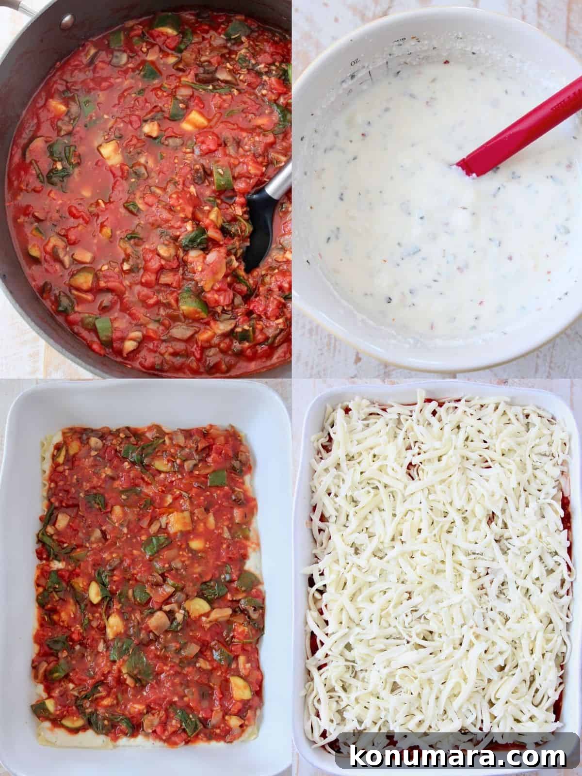 Classic Vegetarian Lasagna Recipe with Spinach and Ricotta 4 collage of images showing how to make vegetarian lasagna