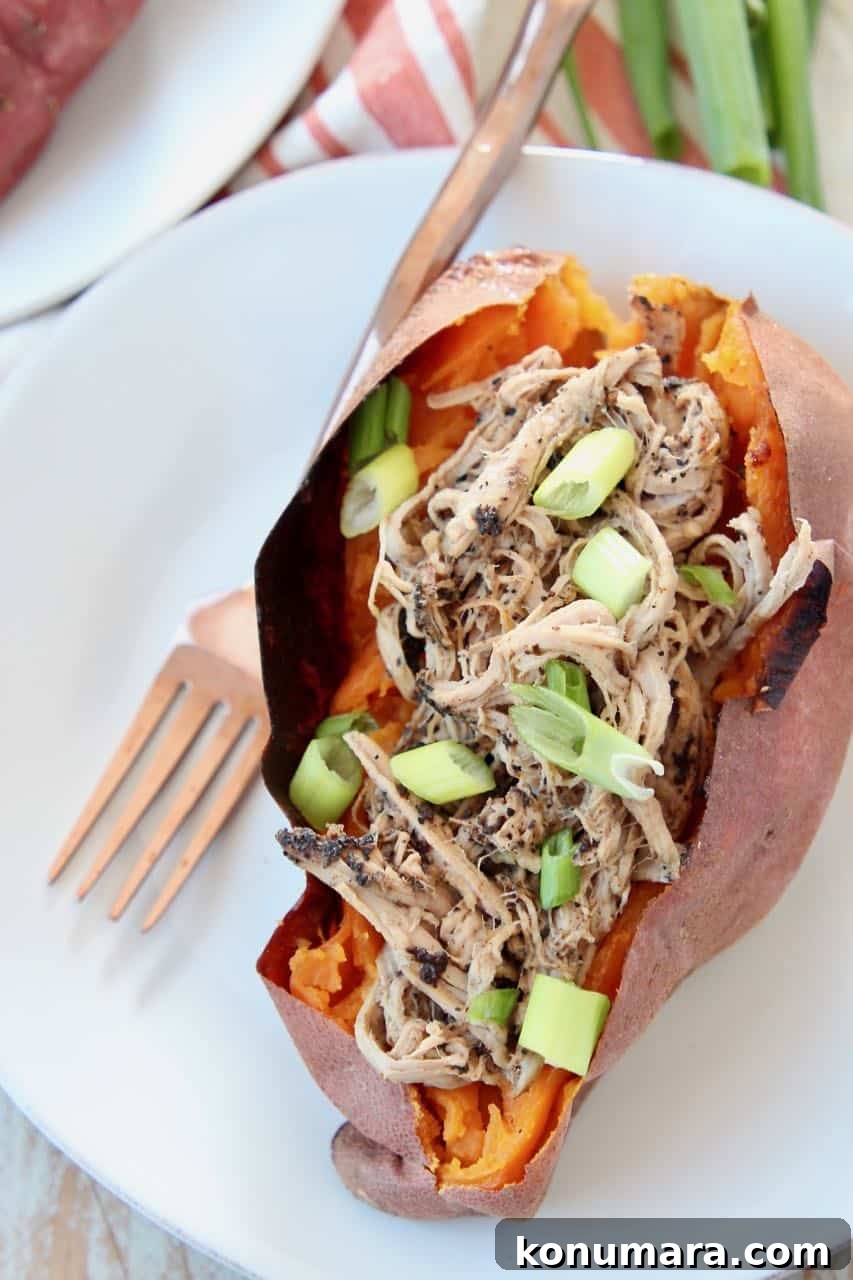 Slow Cooker Coffee-Crusted Pulled Pork Tenderloin Recipe 2 Pulled pork tenderloin inside of a roasted sweet potato on a white plate