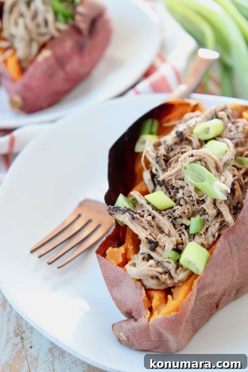 Slow Cooker Coffee-Crusted Pulled Pork Tenderloin Recipe 4 Pulled pork tenderloin in sweet potato topped with diced green onions