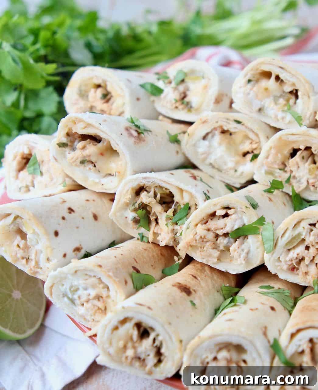 Crispy Cheesy Green Chile Chicken Taquitos 2 Rolled chicken tacos sliced in half stacked up in bowl