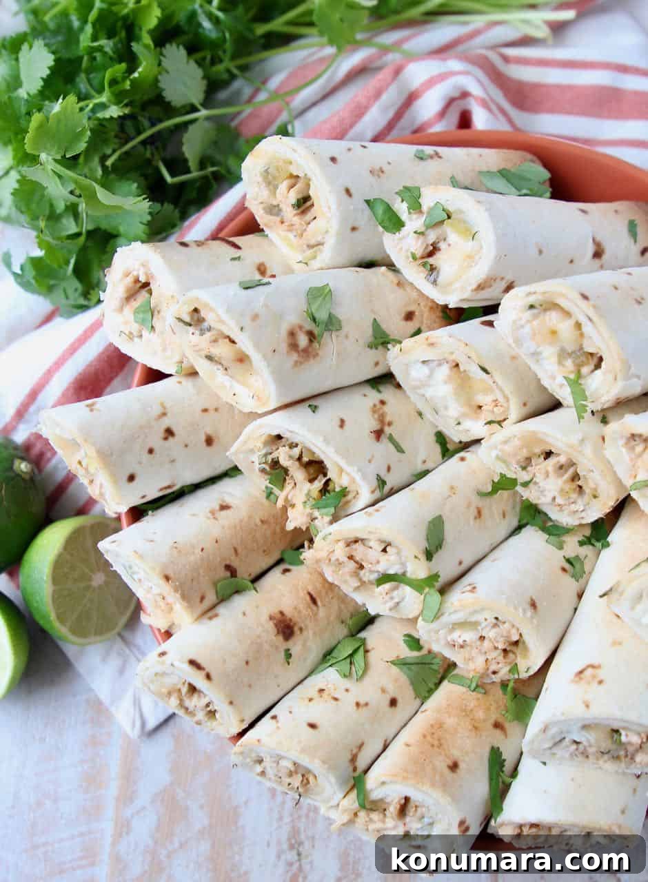Crispy Cheesy Green Chile Chicken Taquitos 3 Rolled chicken tacos stacked on top of each other in orange bowl