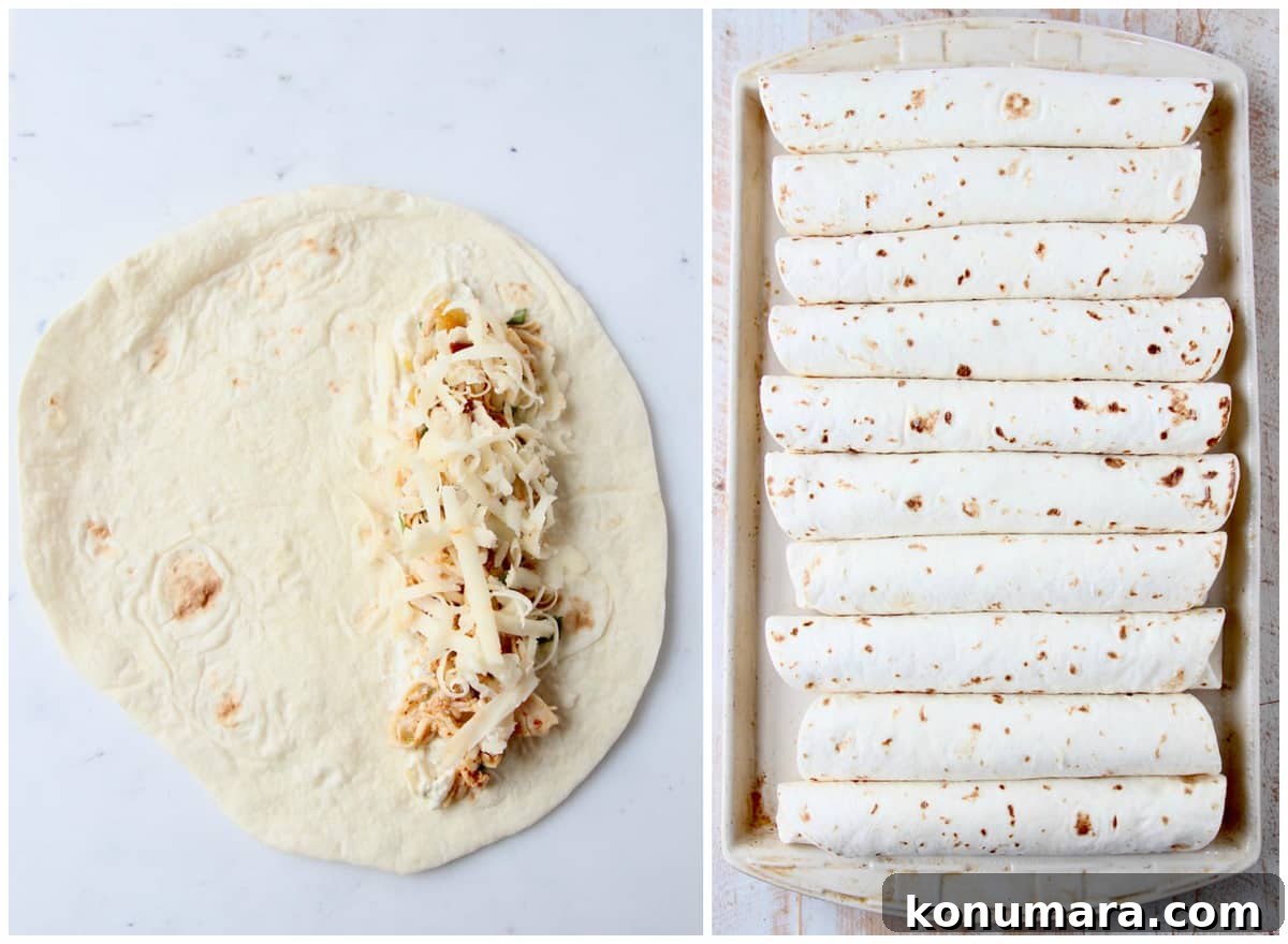 Crispy Cheesy Green Chile Chicken Taquitos 4 Image of a tortilla topped with cheese and chicken filling, next to an image of rolled tacos on a baking sheet
