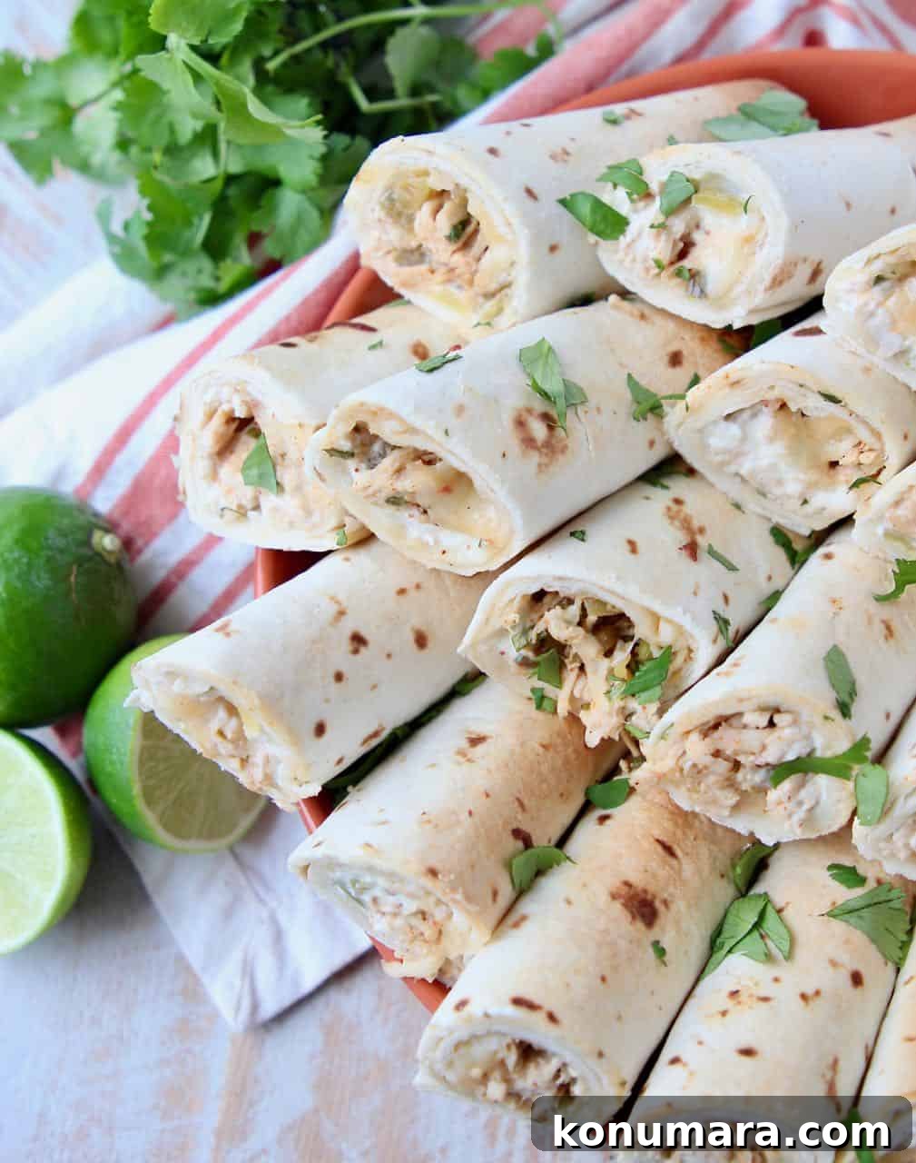 Crispy Cheesy Green Chile Chicken Taquitos 5 Rolled chicken tacos stacked on top of each other in a bowl