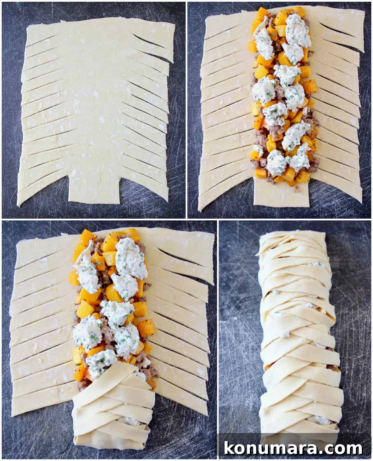 instructional images for how to make a puff pastry braid