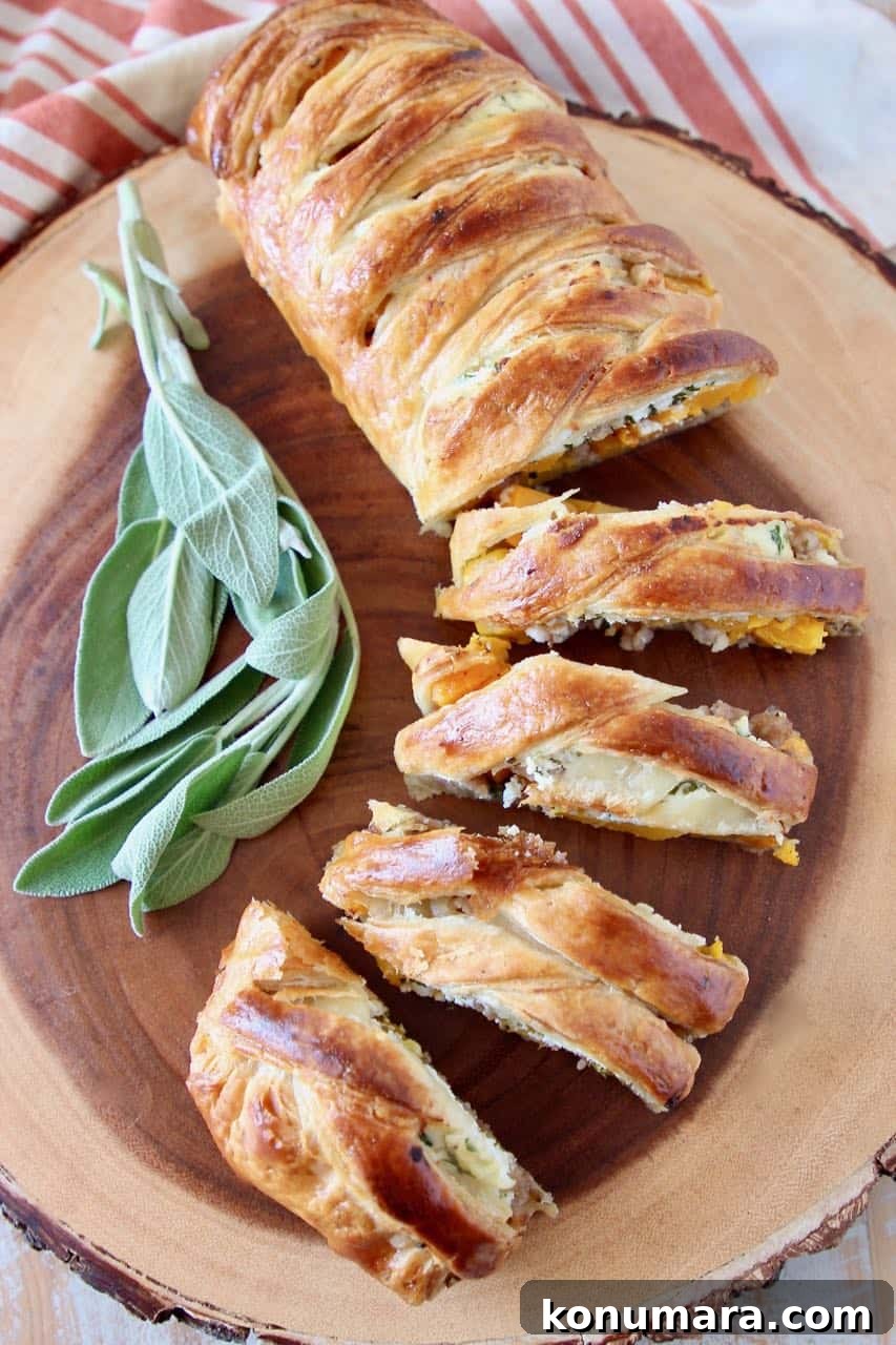 Sliced strudel on wood cutting board