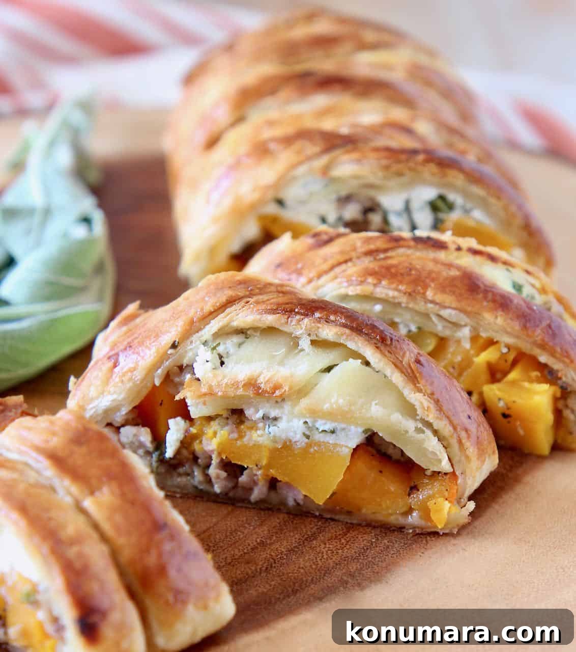 Strudel with puff pastry crust, cut into slices