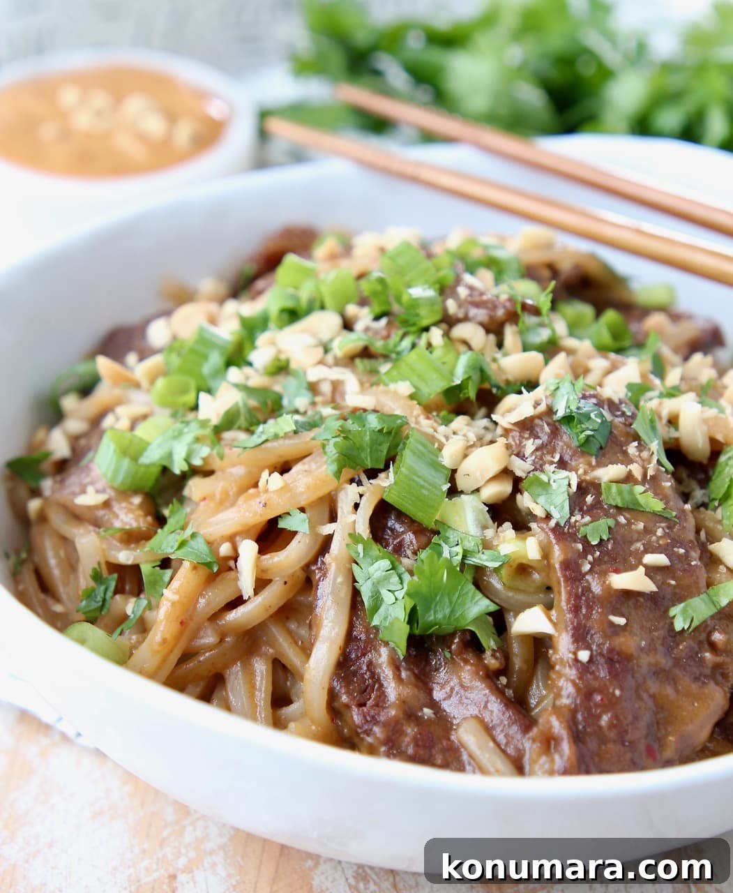 Authentic Thai Beef Noodle Bowl Recipe 3 Sliced beef, noodles and sliced green onions in bowl with chopsticks on the side