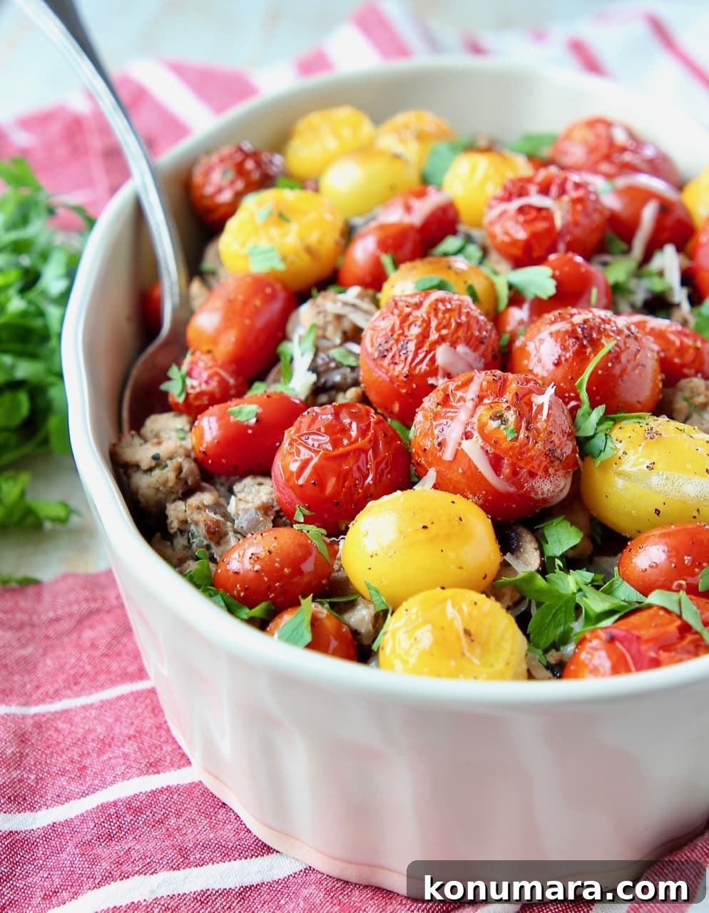 Baked Italian Polenta and Ground Turkey Casserole 6 Ground turkey casserole topped with heirloom cherry tomatoes and chopped fresh parsley